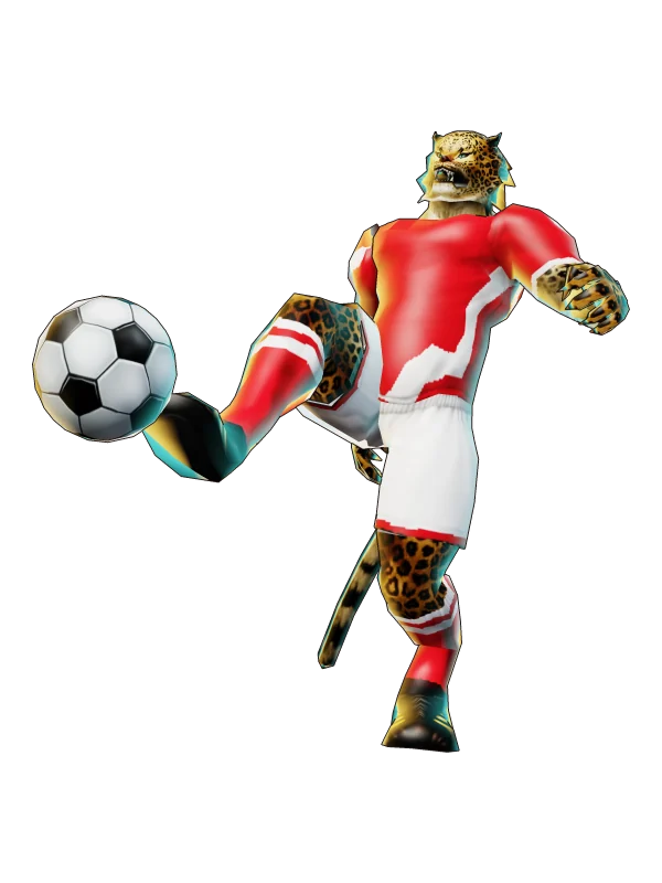 SoccerLeopard Cienciano: leopardo con camiseta roja y short blanco pateando un balón