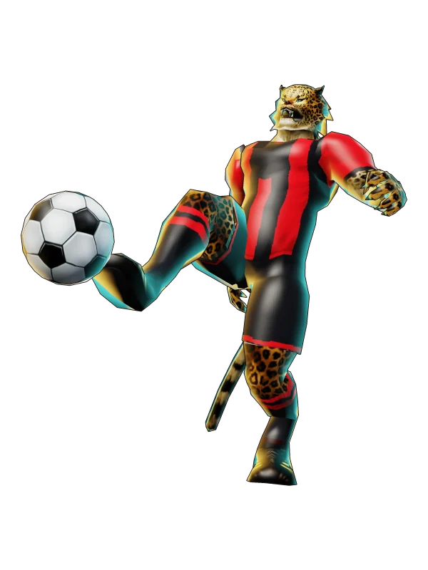 SoccerLeopard Melgar: leopardo con camiseta a rayas rojas y negras pateando un balón