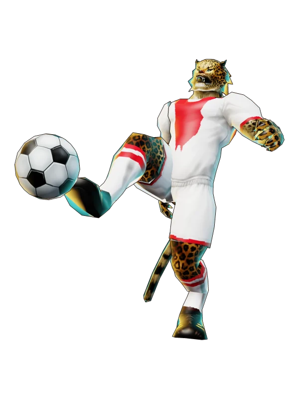 SoccerLeopard Perú: leopardo con camiseta blanca de franja roja pateando un balón