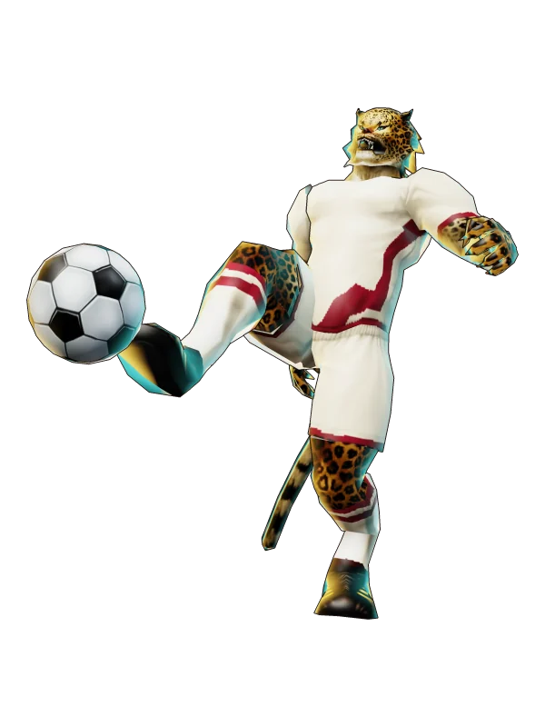 SoccerLeopard Universitario: leopardo con camiseta crema de detalles granates pateando un balón